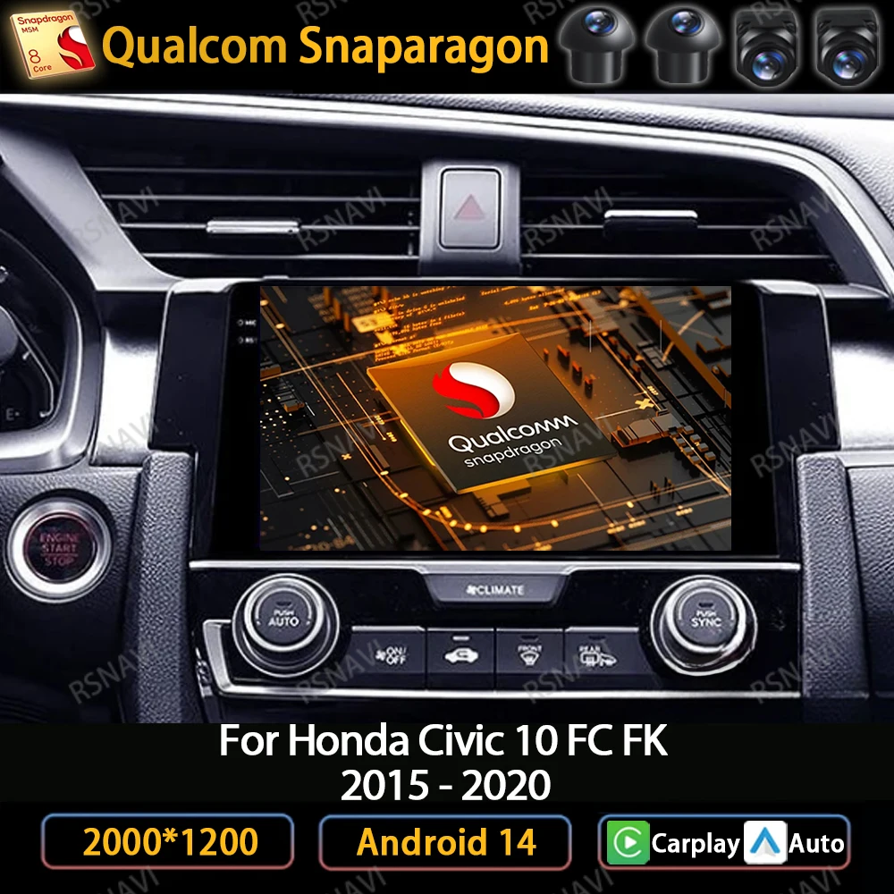 

Android 14 Wireless Carplay Auto For Honda Civic 10 FC FK 2015 - 2020 Car Radio Multimedia Video Player GPS NAVI 4G WIFI QLED BT