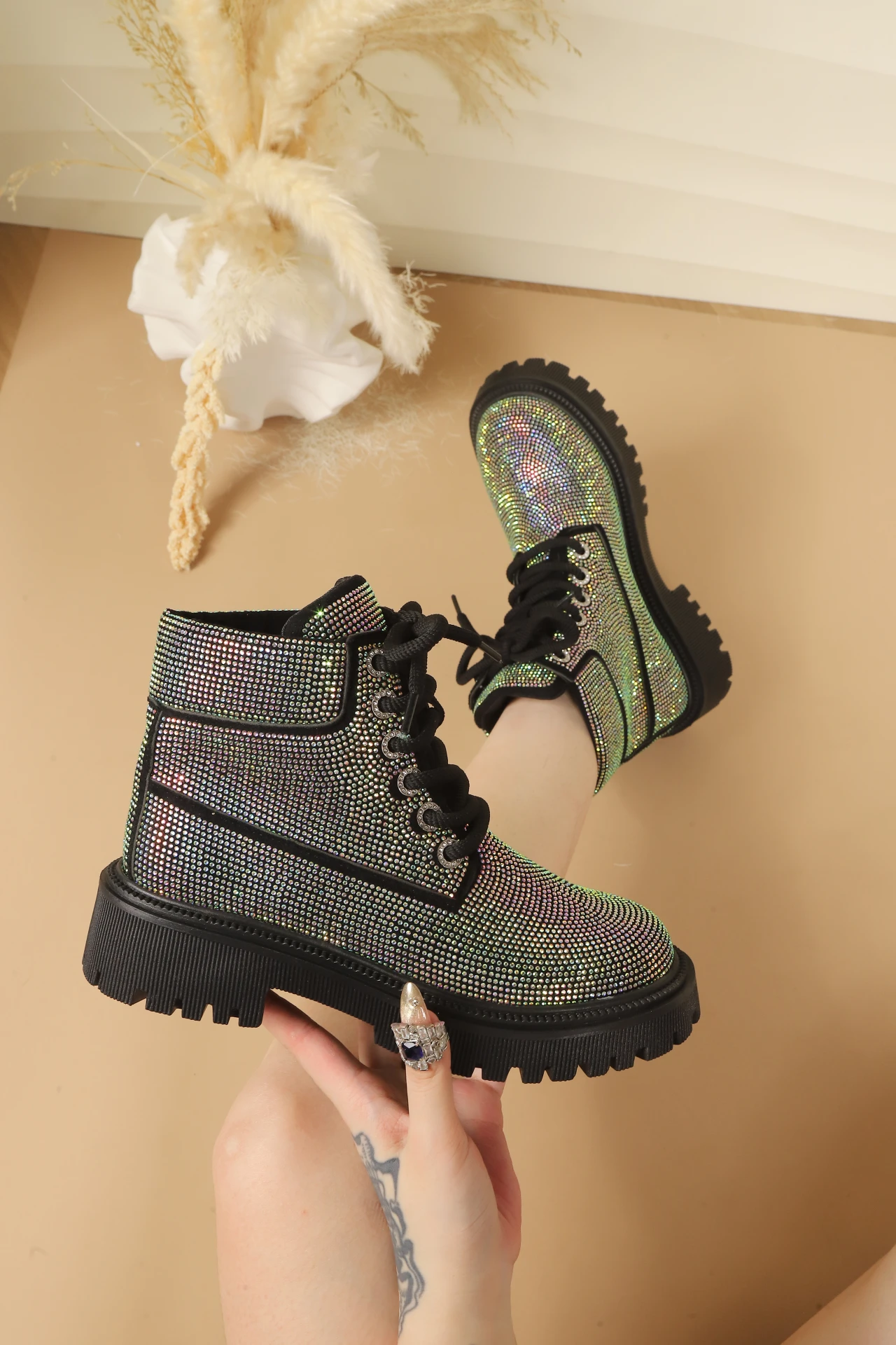 Crystal-studded, Leopard Print, Lace-up Work Boots, Short Flat Shoes, Versatile Street-style Biker Boots
