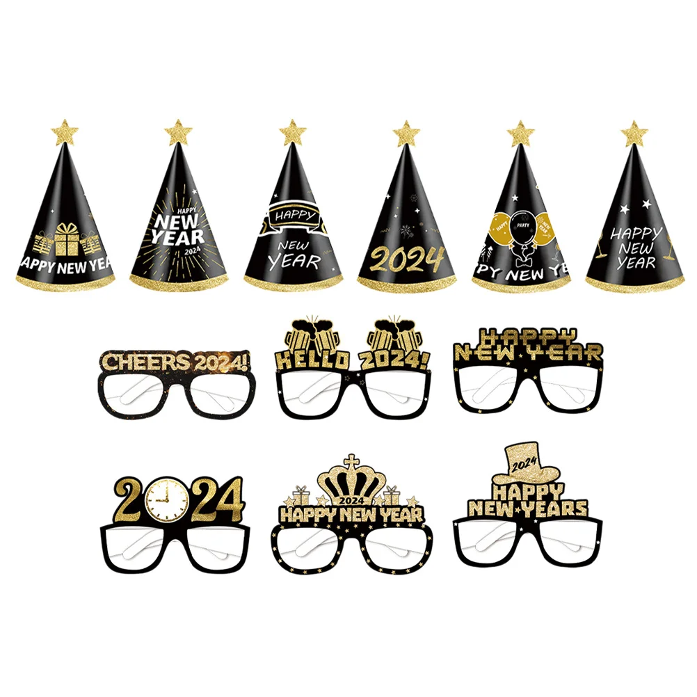 

1Set New Year Glasses Costume Props Photo Props New Year Party Hats 2024 Party Paper Hats Paper Cone Hat Costume Eyeglasses