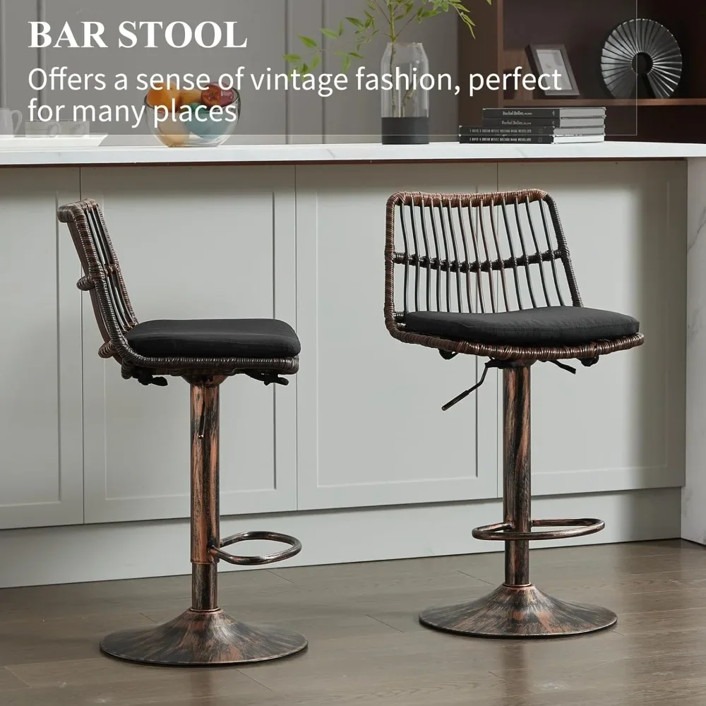 Rattan Bar Stool Set Of 2, Linen Upholstered Barstool With Backrest, Swivel Bar Chair With Footrest, Dining Bar Stool With Round