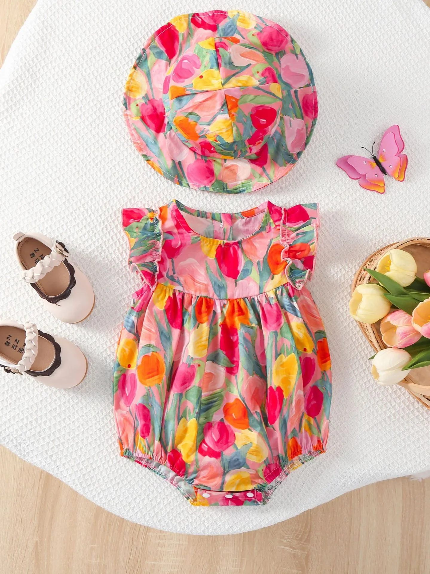 

Летний комбинезон для маленьких девочек, хлопковое боди принцессы с цветочным принтом и шляпой, мягкий дышащий треугольный комбинезон для детей 0-2 лет