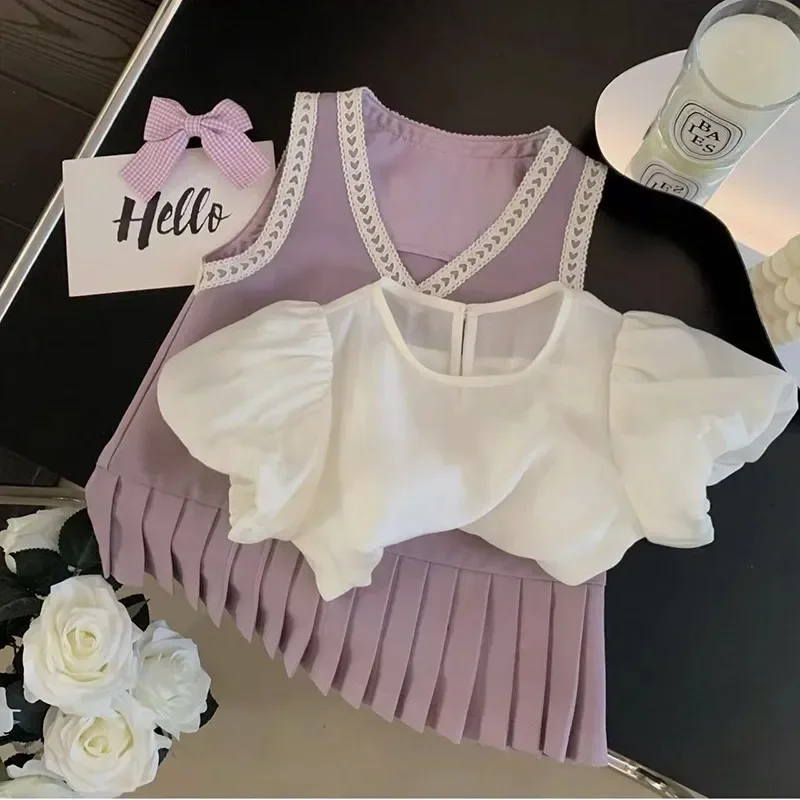 Mommy and Daughter Matching Cute Dress Baby Girls White Blouse and Sleeveless Dresses Set Two Purple Pieces Mom and Me Outfits