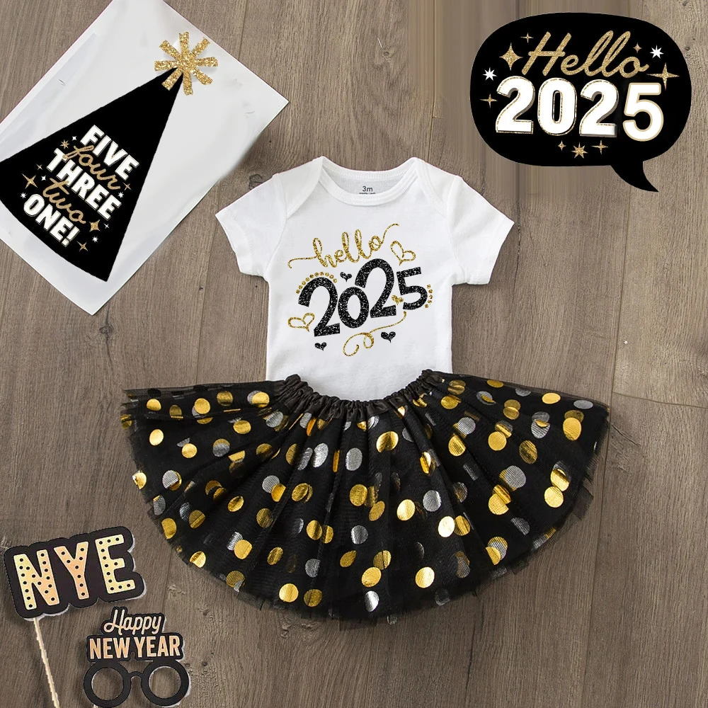 Hello 2025 Print 2 Piece Baby Girls Bodysuit Dress Set New Year Girl Short Sleeve Romper + Tutu Skirt Infant Dresses Set Outfit