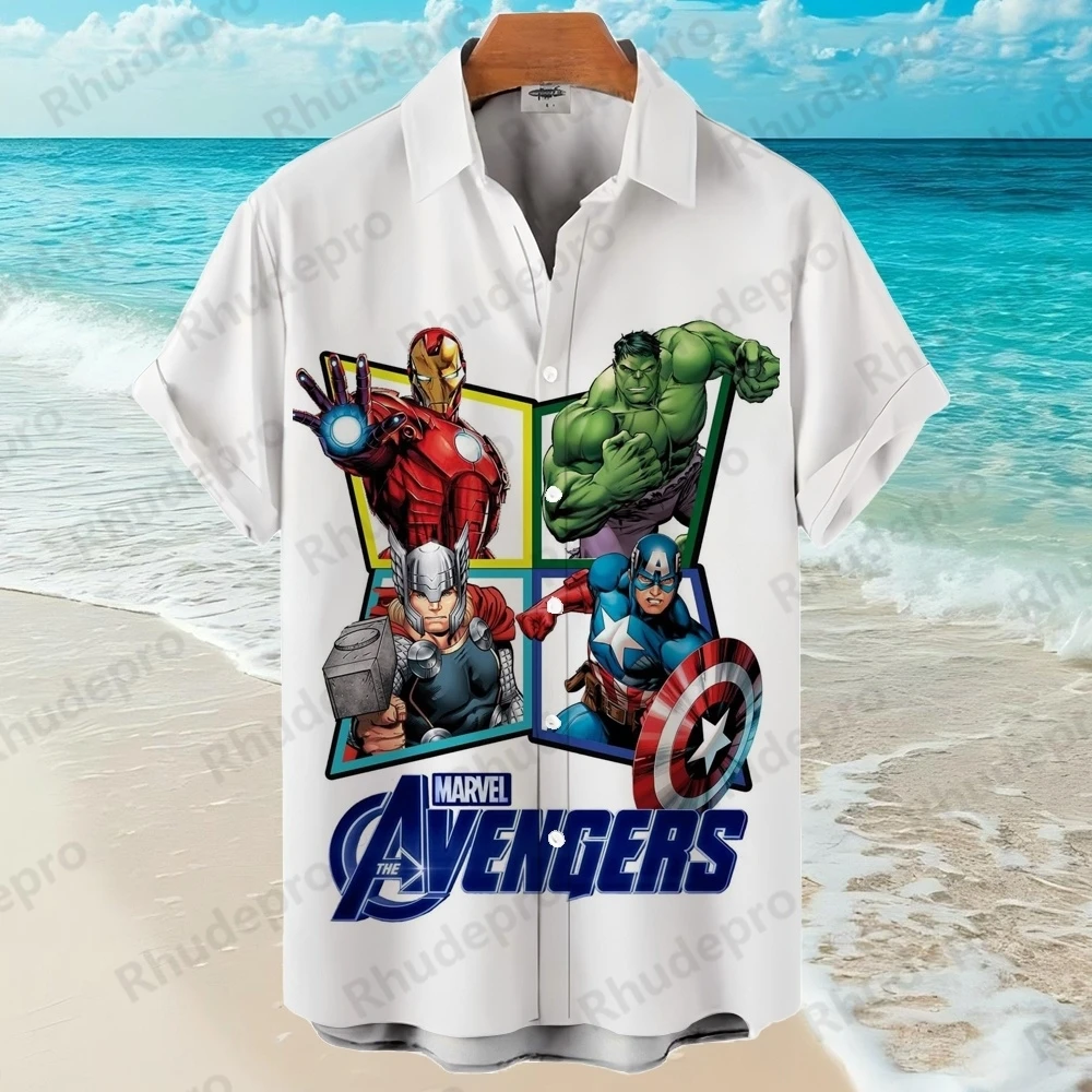 

Disney Men's Fashion The Avengers Hawaiian Shirt Summer Clothing Superhero Holiday Women Pumpkin Head Print Girl Short Sleeve