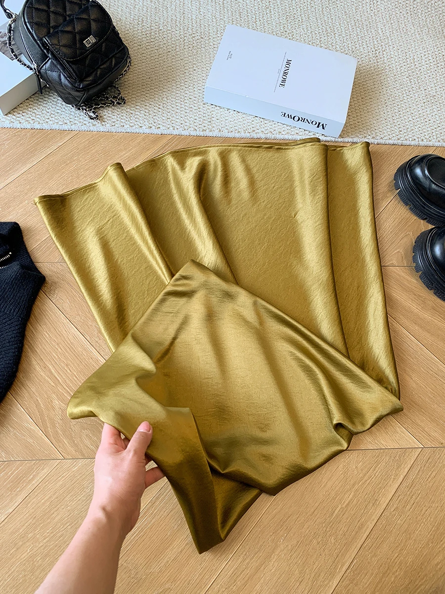 

Ele Satin Fi Tail f Skirt Women's Mid-Length A-Line Skirt Sweet Sle High Waist Casual Spring Summer Skirt