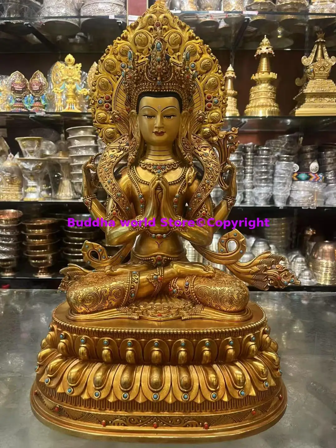 33cm large Exquisite Buddha copper buddha Gdugs Kar  Amitayus longevity Manjusri ksitigarbha  Tibet Buddhist family worship