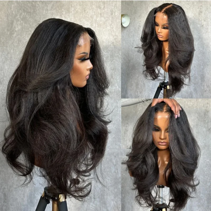 Wig Rambut Sintetis Berkualitas Tinggi, Model Body Wave Soft Yaki Preplucked 28 inci, Density 180, Lace Front 13x4, Kinky Straight