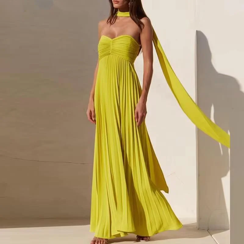 Robe Maxi Plissée Sans Bretelles pour Femme, Tenue de Soirée Sexy à la Mode, Couleur Unie, Dos aux, Taille Haute, Été 2024