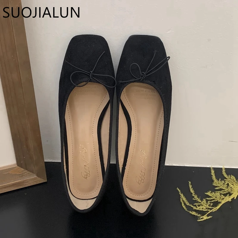 SUOJIALUN New Brand Women Flat Shoes Fashion Round Toe Shallow Slip On Ladies Ballerinas Shoes Casual Square Low Heel Ballet Sho