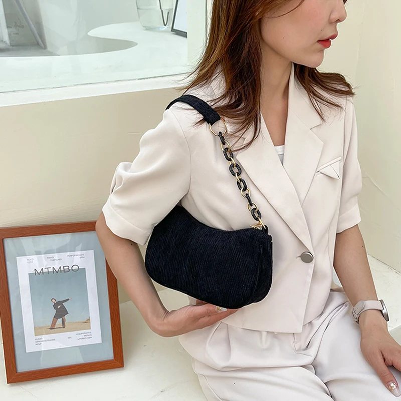 Fashion Vintage Handbags Women Autumn Winter Corduroy Underarm Bag Zipper Shoulder Small Bags Female Soft Casual Clutch Handbag