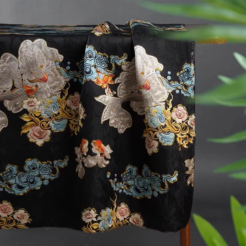 Black Goldfish Floral Xiangyunsha Hualuo Fabric Vintage Cheongsam Hanfu Traditional Chinese Blouse Breathable Dress Material