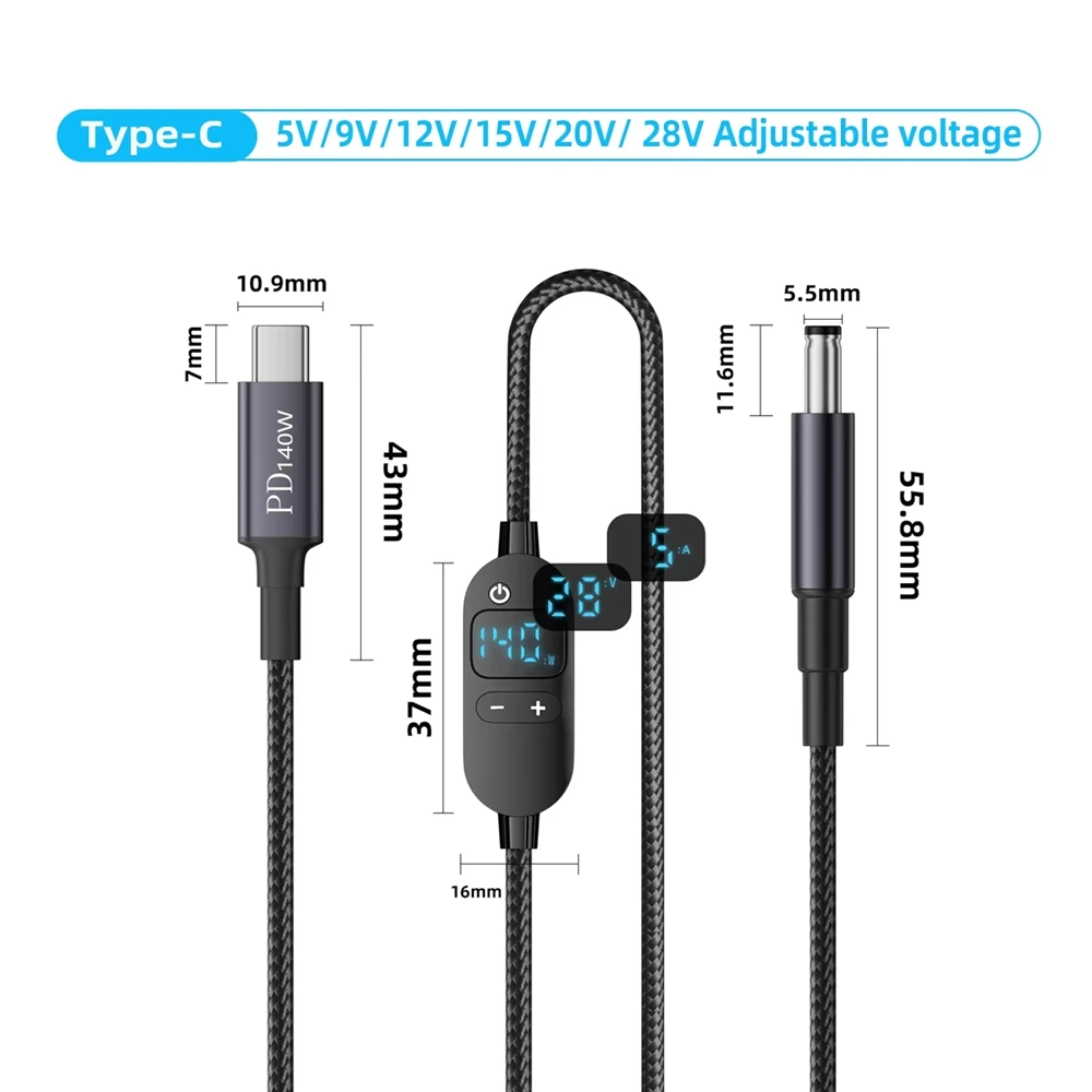 140W USB-C to DC Power Cable with Digital Display Type C to 5V 9V 12V 15V 20V 28V Adjustable Voltage Adapter Connector Cable view 5