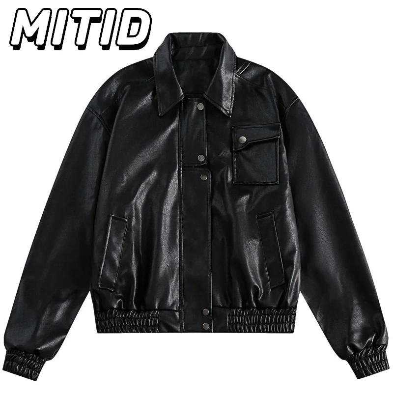 

Streetwear PU Leather Jacket Men Korean Fashion Solid Black Casual Loose Harajuku Pockets Oversized Faux Leather Coats for Men