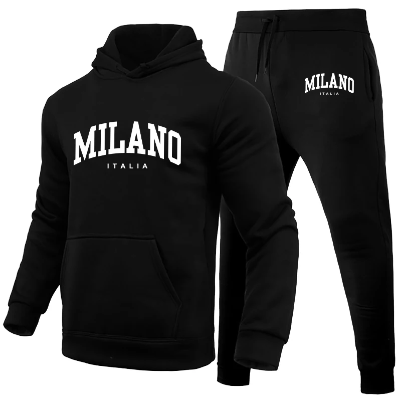 Men\'s Luxury Hoodie Set Milano Print Sweatshirt Sweatpant for Male Hooded Tops Jogging Trousers Suit Casual Streetwear Tracksuit