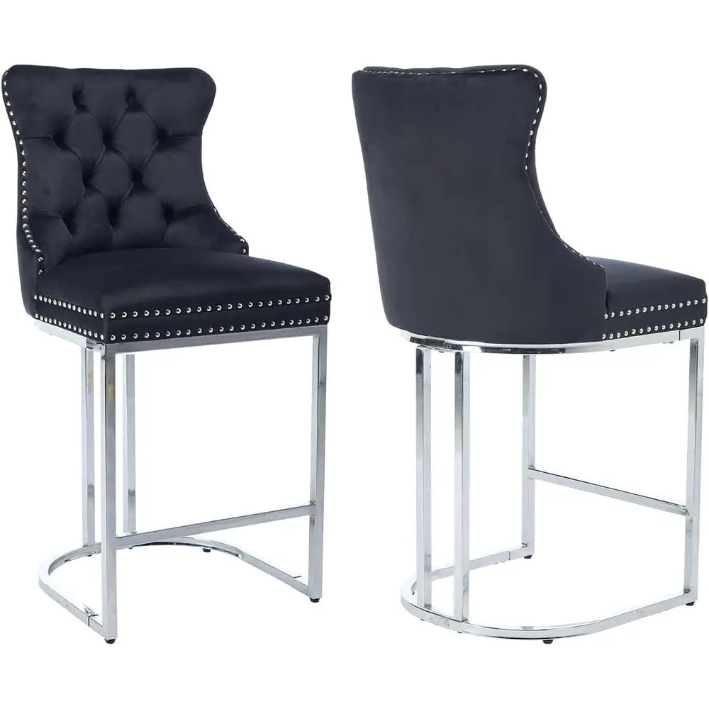 

Комплект из 2 барных стульев из велюра с хромированными ножками и стеганой спинкой, стулья для кухонного острова или бара, черные