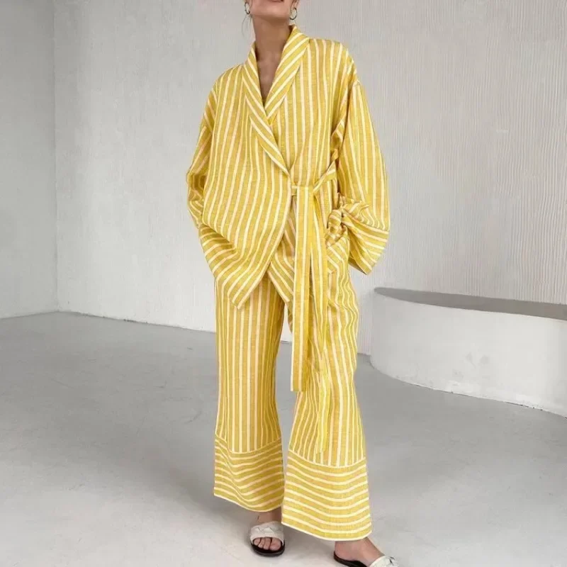 

2025 Autumn Casual Stripe Suits Elegant High Waist Wide Pants Set Fashion Lapel Long Sleeve Shirts Two Piece Set Women Outfit