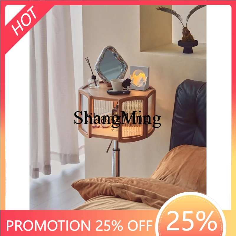 

SM solid wood movable sofa side with wheels can be lifted glass storage display cabinet bedside table