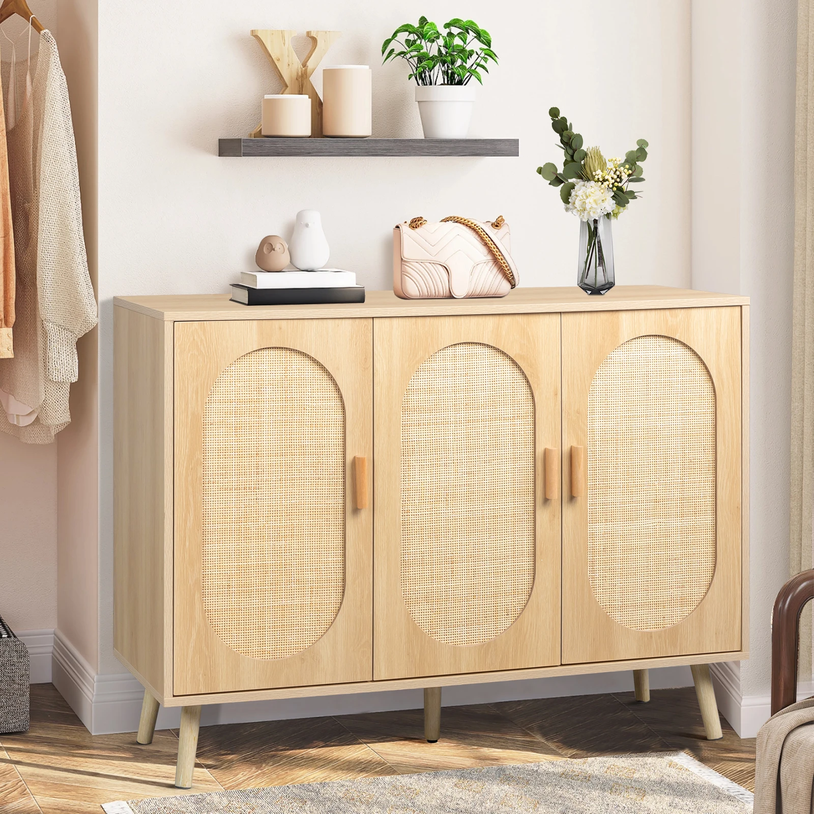 Modern Rattan Shoe Storage Cabinet with 3 Doors and Adjustable Shelves Accent Cabinet for Living Room Bedroom Hallway