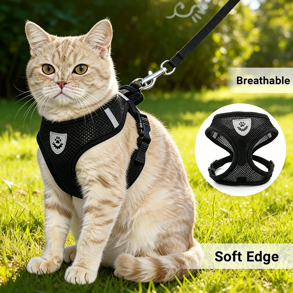 Verstellbares Katzen- und Hundegeschirr-Set mit Leine, Reflektierendes Ausbruchsicheres Netzgeschirr, Welpen- und Kätzchen-Brustgurt, Sicherheitsleine für Haustiere