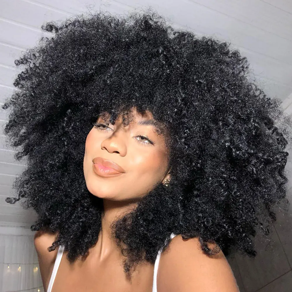 Curly Afro Wigs for Black Women Synthetic Afro Kinky Curly Wigs With Bangs Full and Fluffy Long Kinky Curly Hair