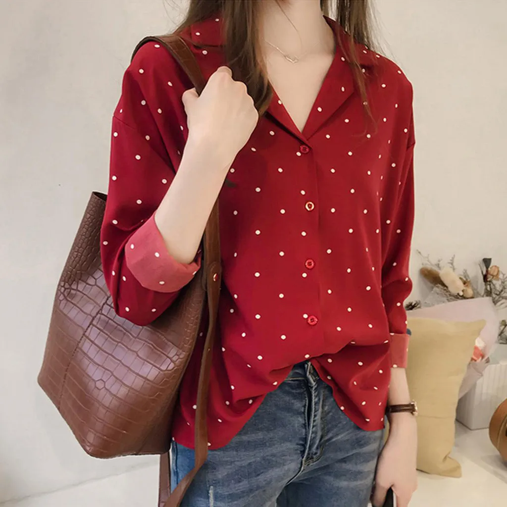 Women’s Casual Long Sleeve Polka Dot Turn-Down Collar Tops Button Shirts Female Autumn Commute Vintage Camisas De Mujer Elegant