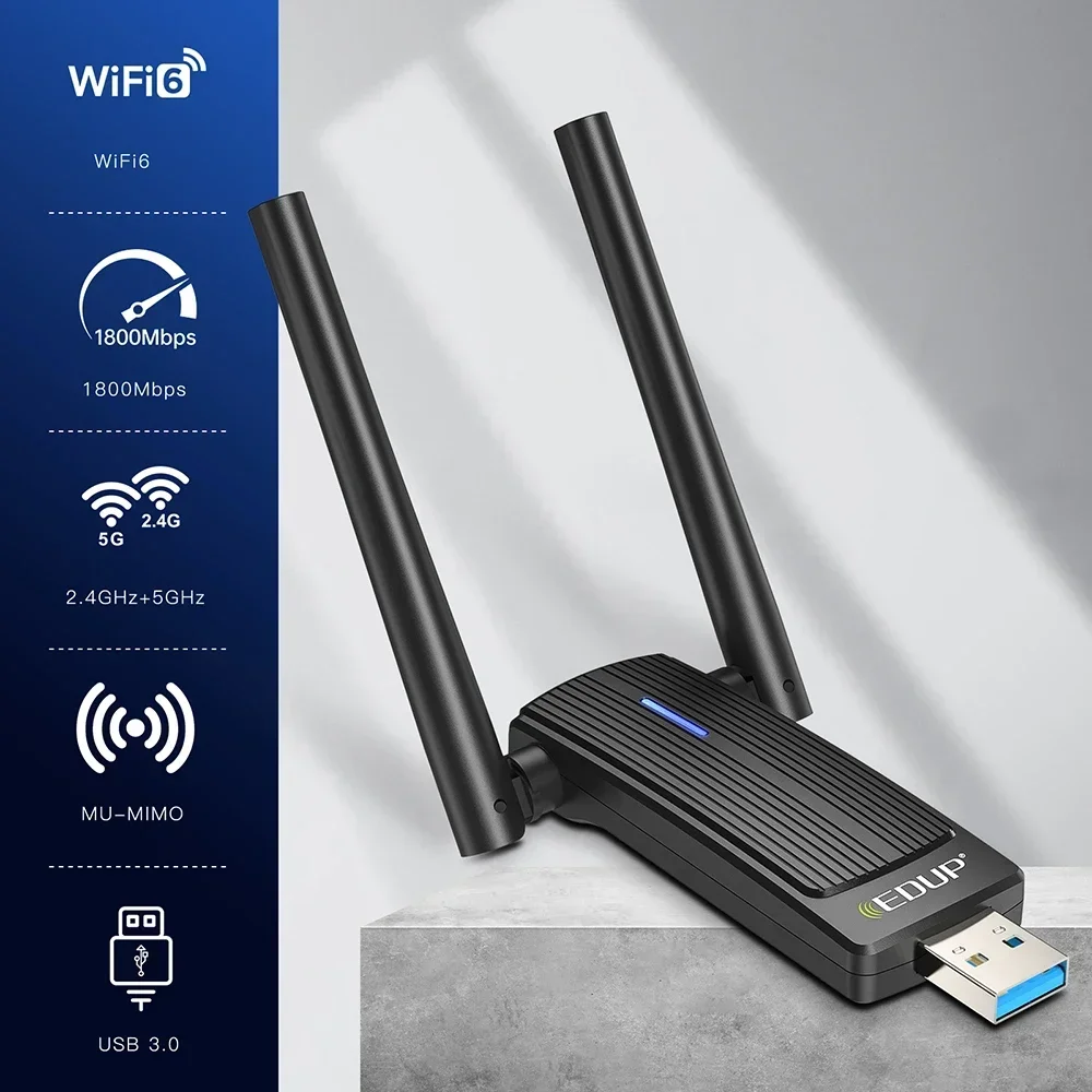 EDUP WiFi6 USB WiFi محول 1800Mbps ثنائي النطاق AX1800 2.4G/5 جيجا هرتز بطاقة الشبكة واي فاي دونغل MU-MIMO USB3.0 للكمبيوتر المحمول ويندوز