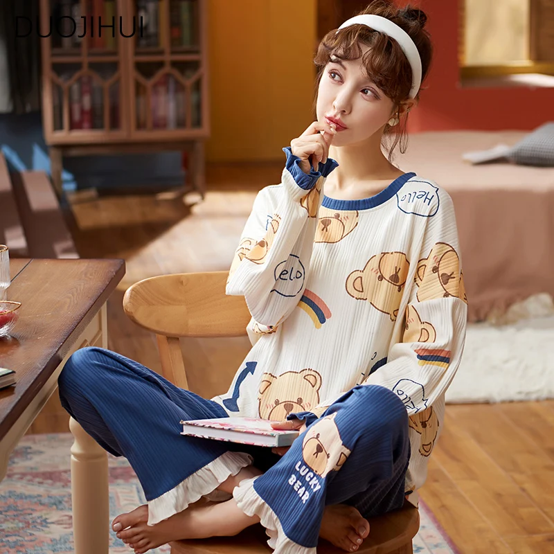 DUOJIHUI-Pyjama Coréen à Imprimé Chicly pour Femme, Ensemble Deux Pièces, Classique, Col Rond, Pantalon Simple, Mode Décontractée, Printemps