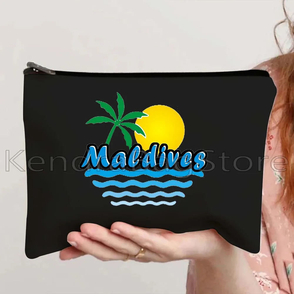 Tropical Maldives Flag Map Phuket Indian Beach Ocean Scenery Landmark Canvas Cosmetic Makeup Bags Case Pouch Storage Cotton Bag