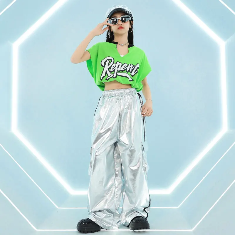 Filles Hip Hop haut court brillant en cuir PU Cargo pantalon garçons T-shirt rue danse Joggers enfants Streetwear enfants Jazz vêtements ensembles