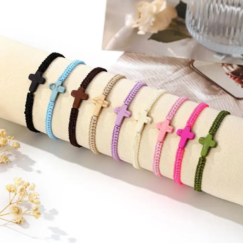 New Fashion Unisex Holiday Gifts Hand Weaving Anklets Adjustable Couple Bracelets Turquoise Cross Bracelet Women's