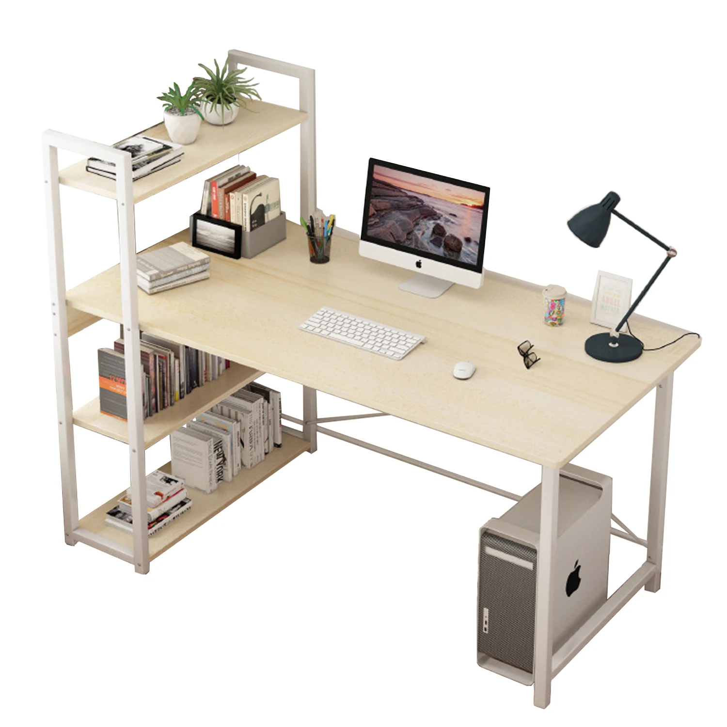 Computer Table Home Office Large Desk, Gaming Table Study Writing Table Modern Simple Style Desk with Bookshelf