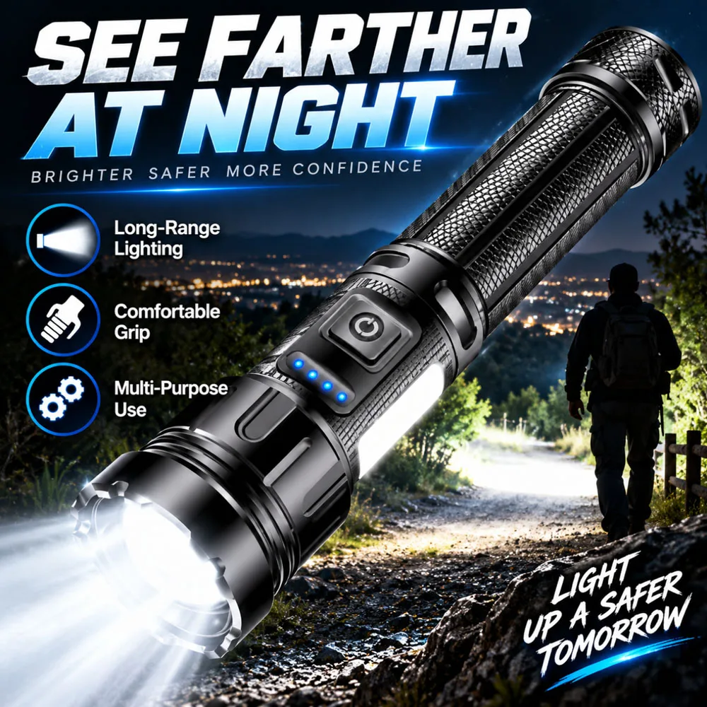 Ultra Bright White Laser Beads Flashlight Zoom Telephoto Torch with COB Side Light Handheld Light for Camping Hiking Car Repair