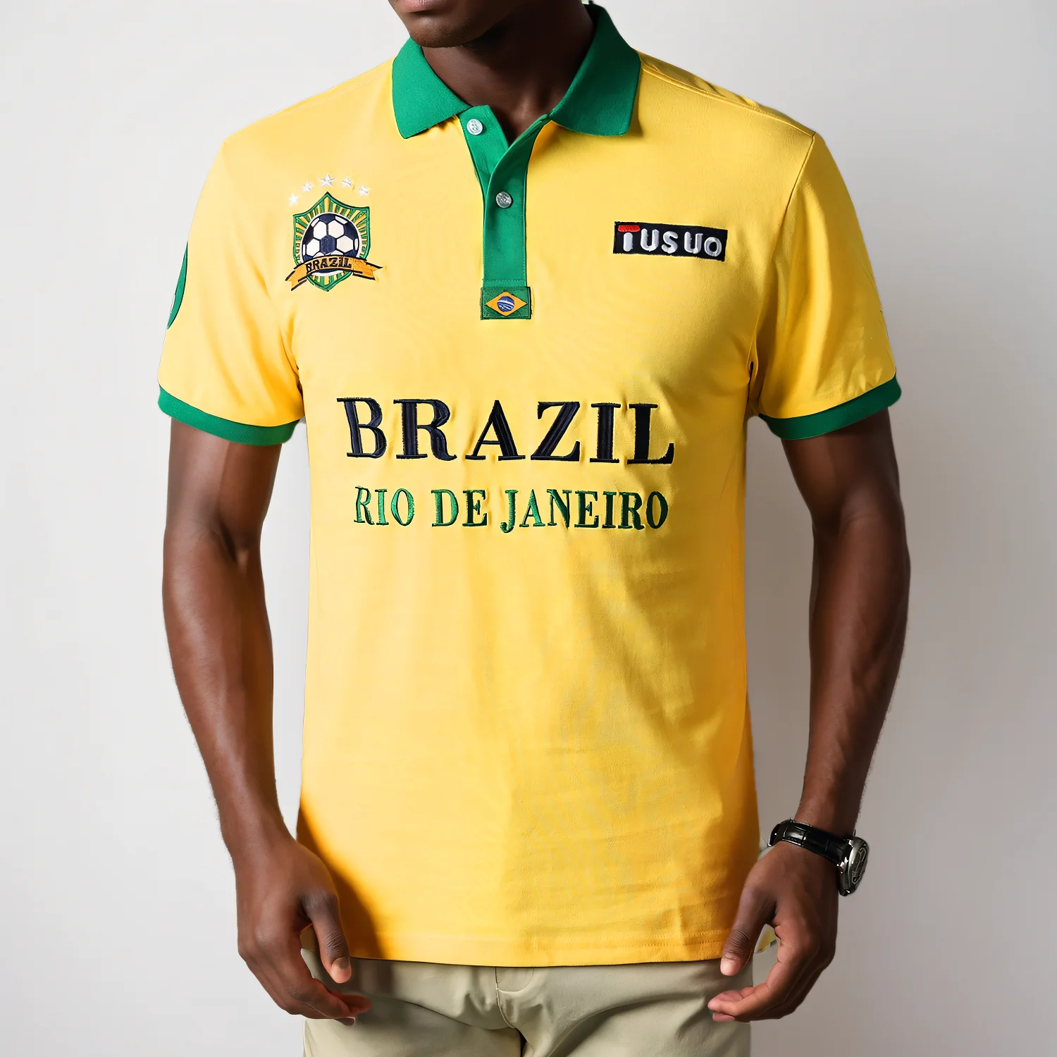 

Classic Yellow Men's Polo Shirt Short Sleeve Brazilian Football Fans Casual Cotton Embroidered Big Size XS-7XL