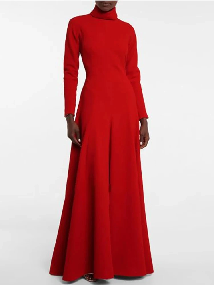 Romantic Red Satin Fashion Evening Dress Turtleneck Long Sleeves Backless Solid Color Lady Elegant Party Dresses Autumn 2024