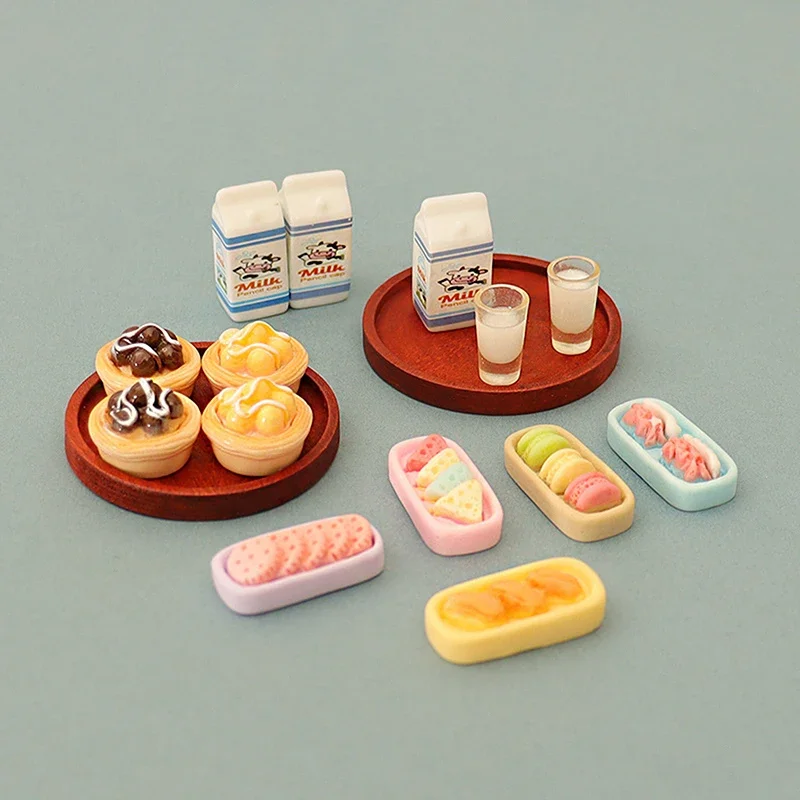 5PCS DIY Toy Scene Accessory Set, 1:12 Dollhouse Miniature Decorative Milk, Egg Tart, Biscuit Models, Include Meal Plate
