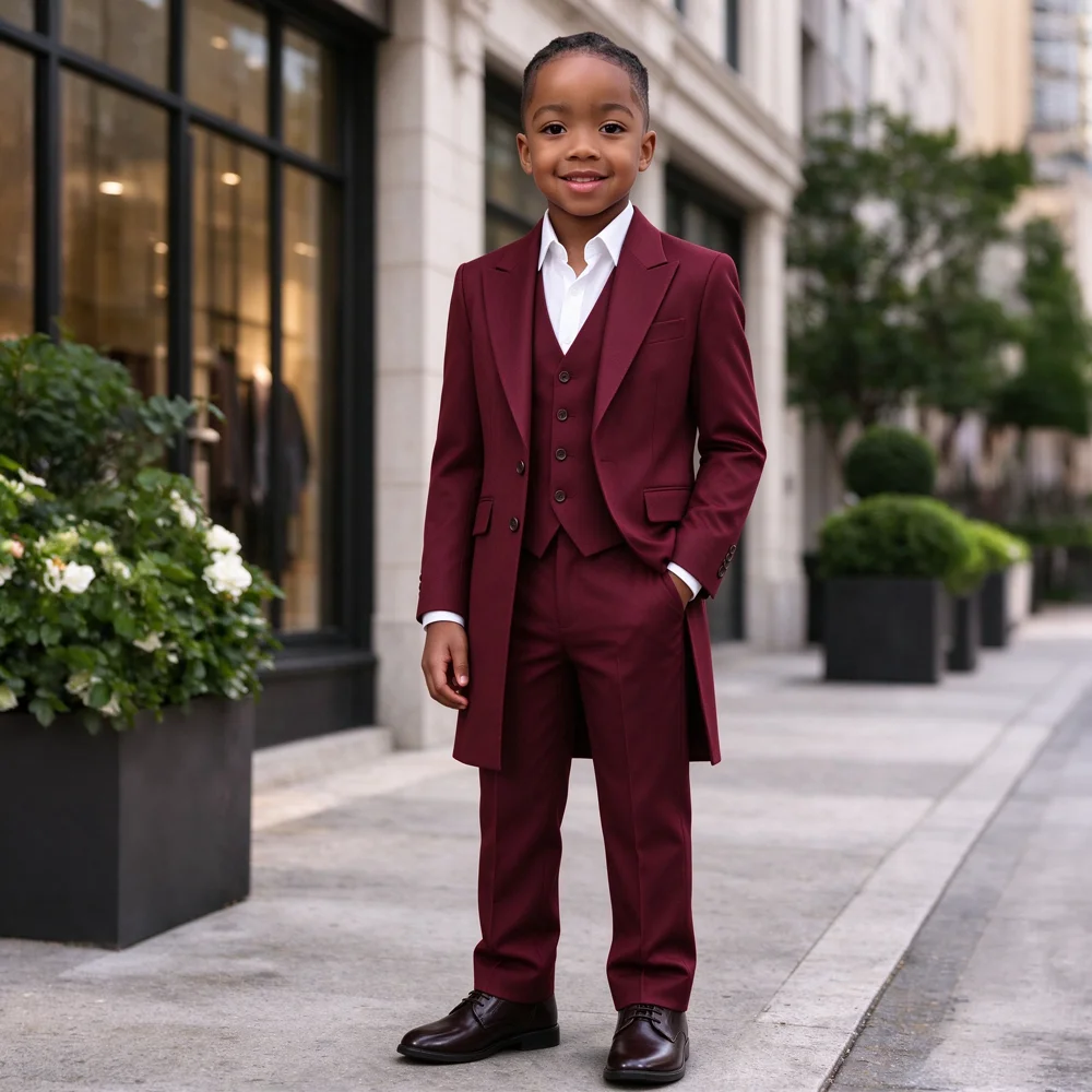 Boys' 3-Piece Tuxedo Set (Formal Suit Jacket, Trousers, and Vest) – Long-Style Blazer – Custom-Fit Formal Attire for Weddings