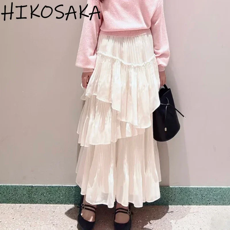 Irregular Ruffles Pleated Patchwork Design Cake Skirts Vintage High Waist Solid Casual Midi Robe 2024 Fall Winter Japan Faldas