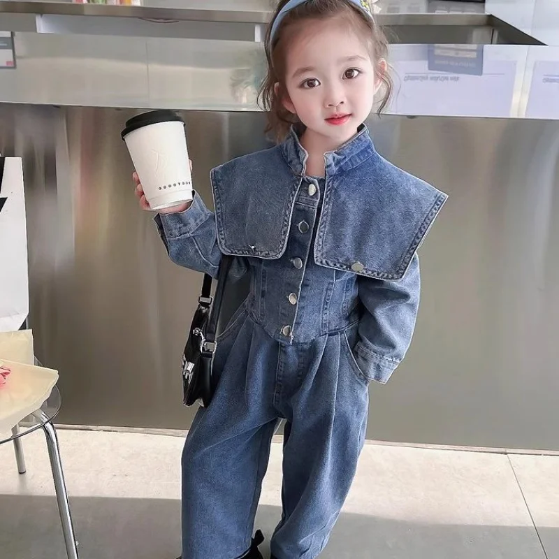 Girls\' Fashionable Lapel Denim Suit Autumn New Fashionable Jacket Trousers Two-Piece Set Children One Piece Dropshipping