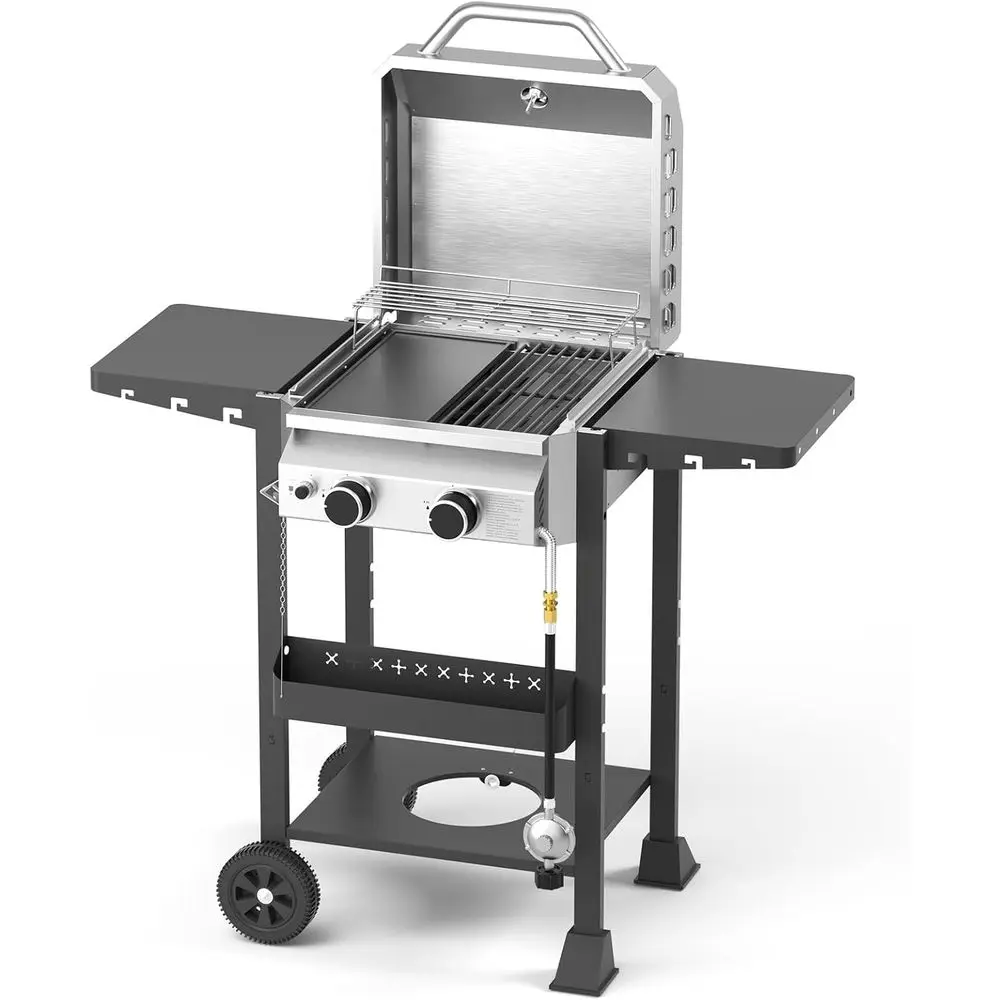 

Propane Gas BBQ Grill 2-Burner Barbecue Grills with Cast Iron rying Pan and Grates Combo, 16000 Output StainlSteel Grill or Outd
