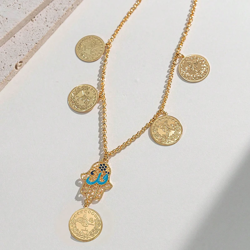 

1PC gold-plated Middle Eastern Ramadan girl pendant necklace Allah coin necklace Muslim Fatima hand wedding jewelry