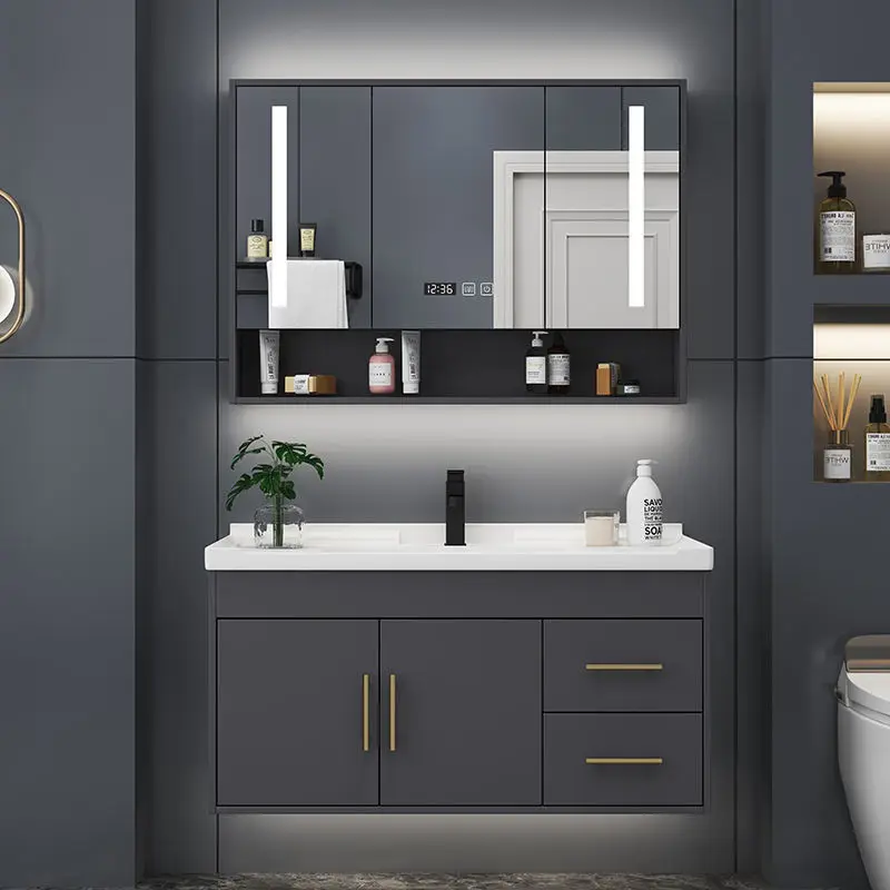 

Modern simple bathroom wash basin cabinet Solid wood bathroom cabinet Washbasin combination Intelligent ceramic integrated wash