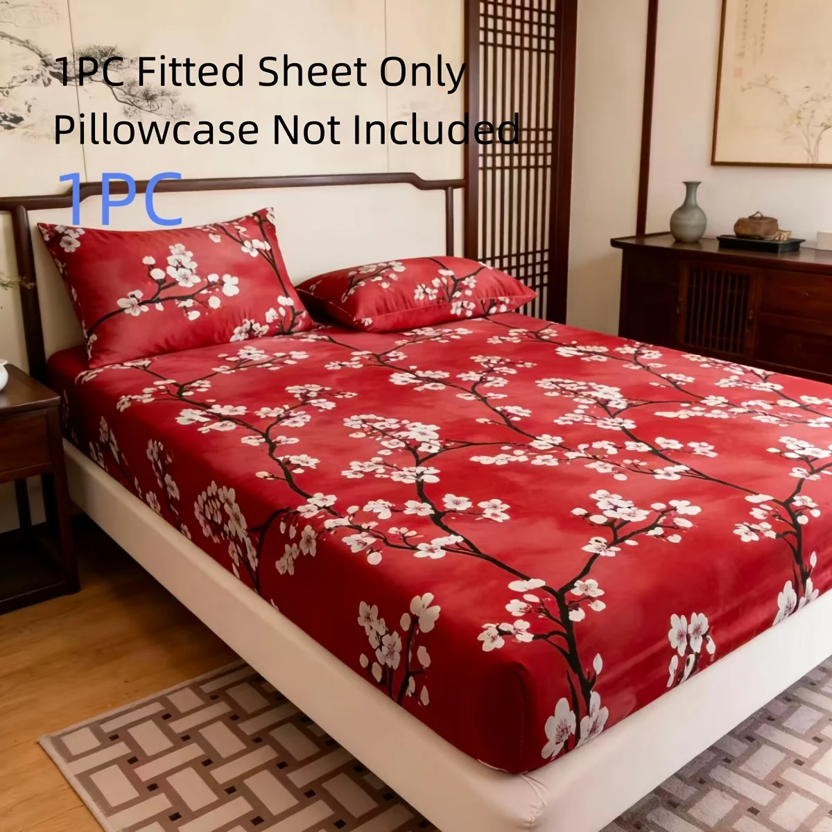 Luxury Red Cherry Blossom 2D Digital Print Three-Piece Bedding Set (includes 1 fitted sheet + 2 pillowcases) Mattress Protector, Fitted Sheet Style with Elastic Band, Protective Cover, Mattress Protector, Fitted Sheet Style Bedding, Christmas Theme Bedding