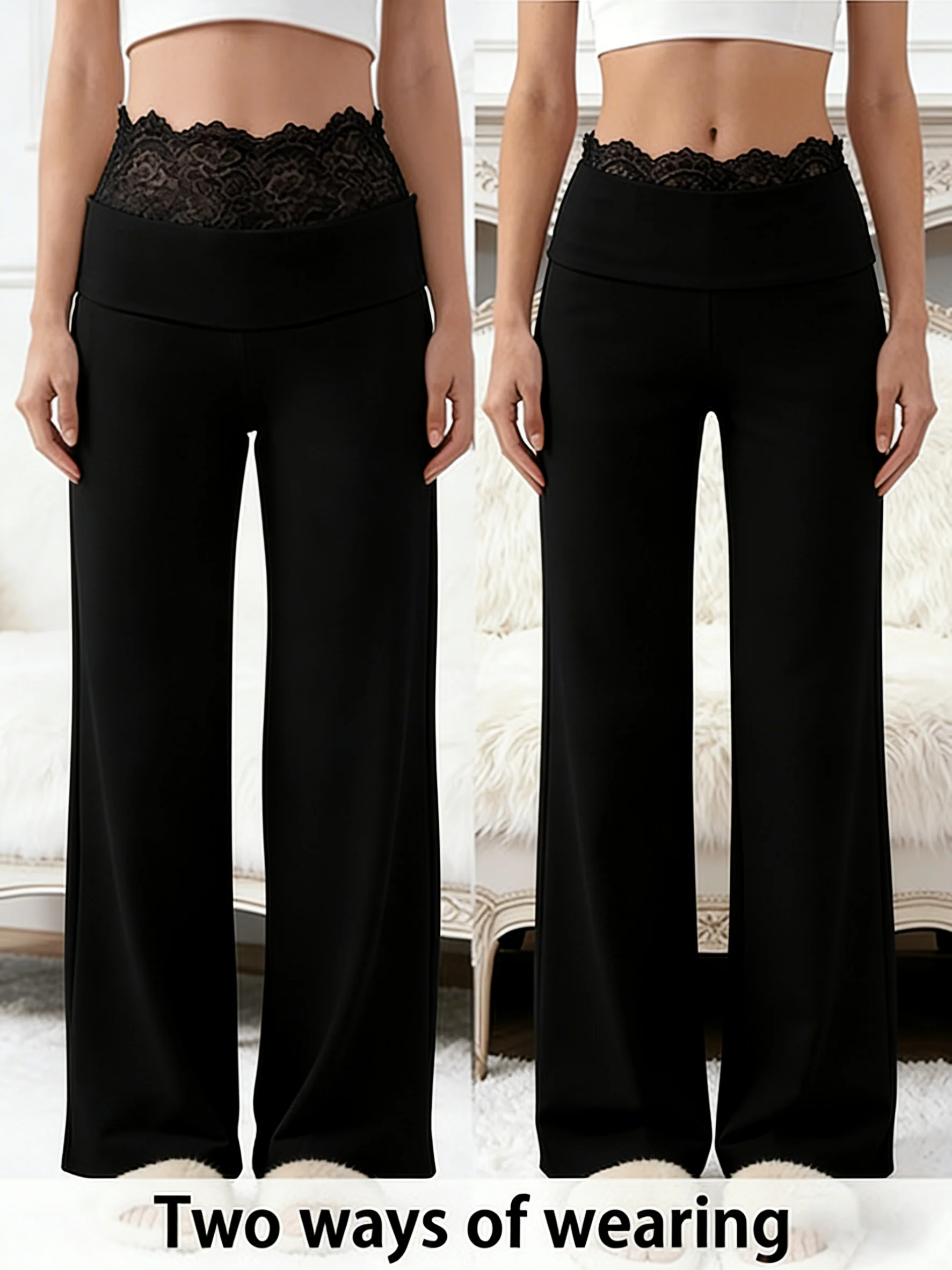 New Elegant and Fashionable High-Waisted Straight-Cut Style Lace-Decorated Waistband Ladies' Black Wide-Leg Pants