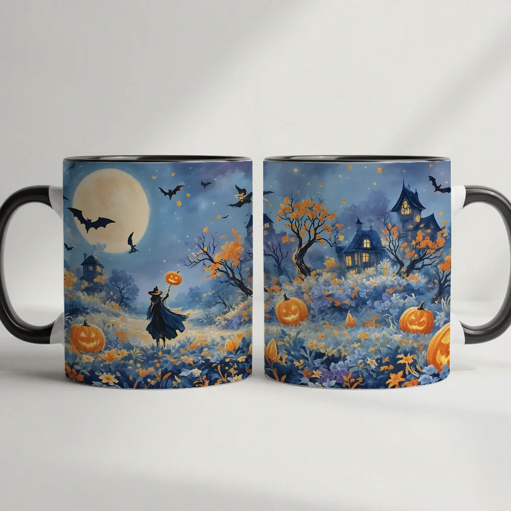 1pc Vintage Watercolor Coffee Mug Suitable for Halloween Gift - Spooky Witch, Jack-O-Lantern & Full Moon, Dishwasher Cup with Lip-Friendly Rim for Tea, Cocoa, for, Office, Party Use - for &