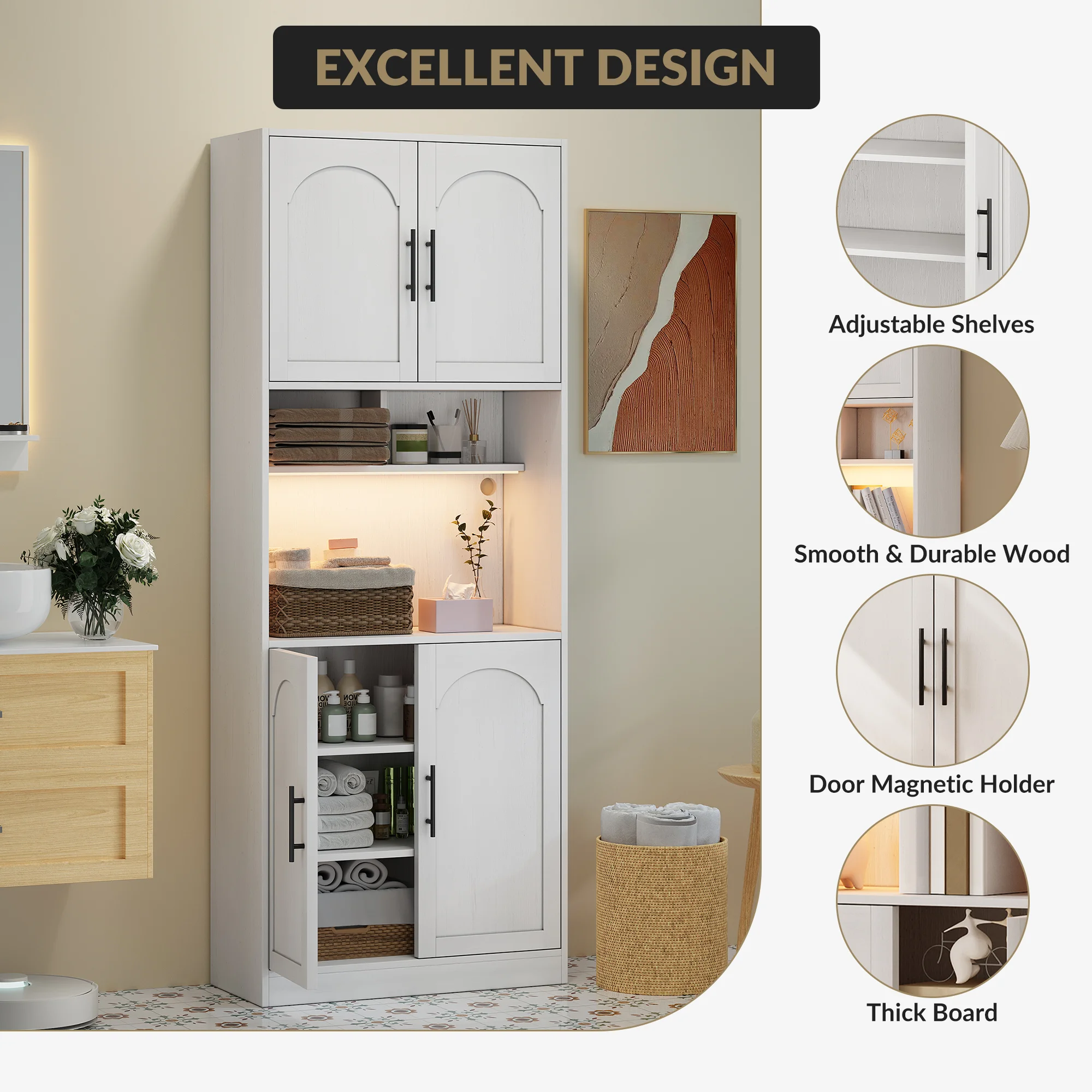 Kitchen Pantry Cabinet with LED Light, Tall Kitchen Hutch Bar Cabinet with Microwave Stand, Farmhouse Large Wood Storage Cabinet with Barn Doors & 2 Open Shelves, Cupboard for Dining Room, White
