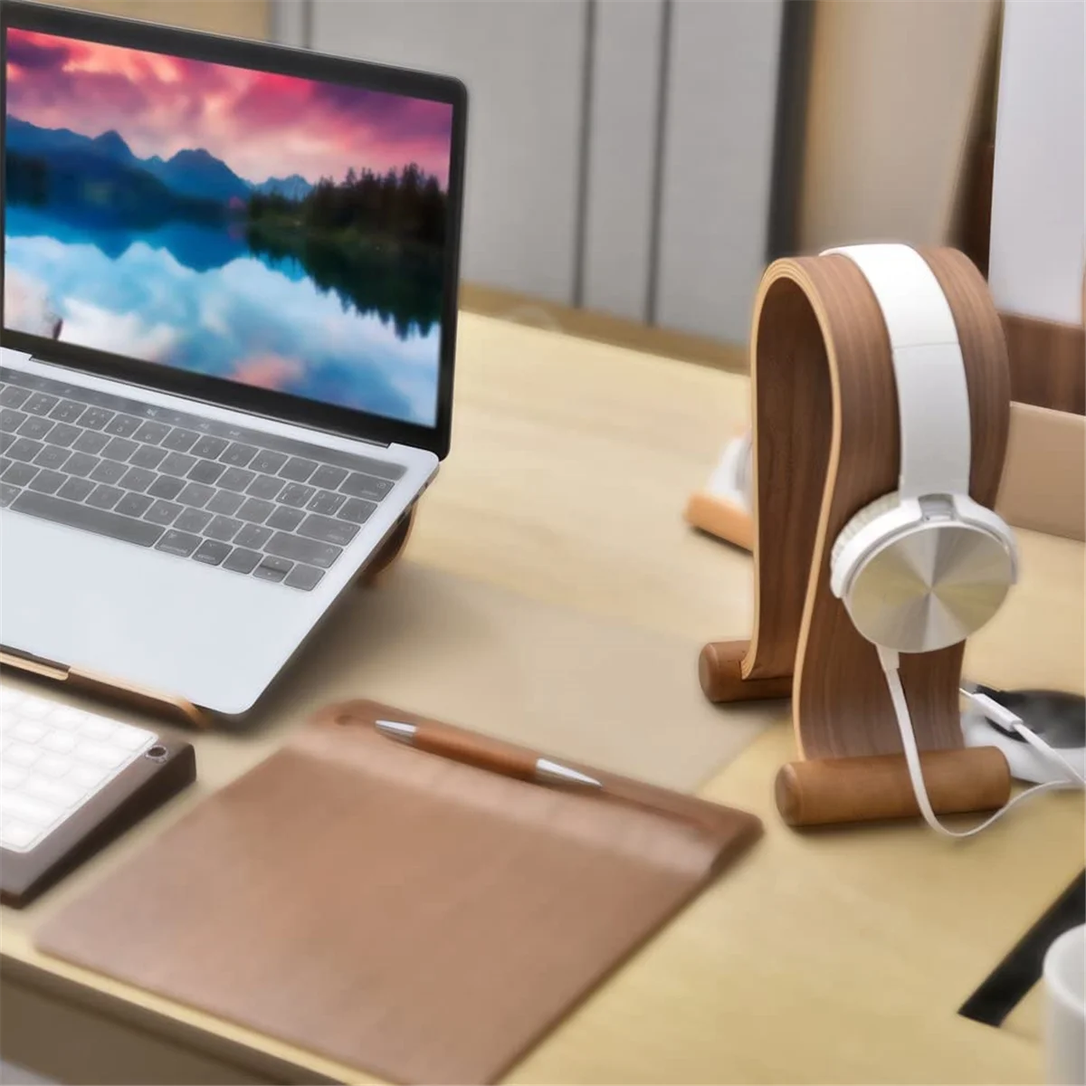 Suporte de fone de ouvido de madeira A57G, suporte de cabide de fones de ouvido, display de fones de ouvido para jogos, suporte de fone de ouvido de mesa elegante