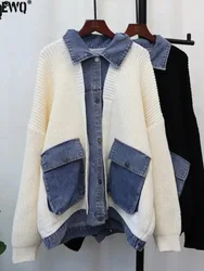 [EWQ] Long Sleeved Denim Patchwork Pocket Design Cardigan Tops Big Size Women Winter Clothing 2024 Autumn Sweater Coats 16O1096