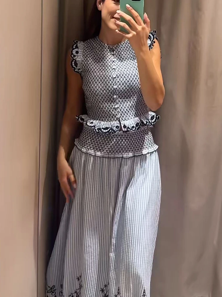 Casual Summer Midi Skirt Sets For Women New Fashion Flying Sleeve Round Neck Tops Hollow Embroidery A-line Skirt Lady Outfit