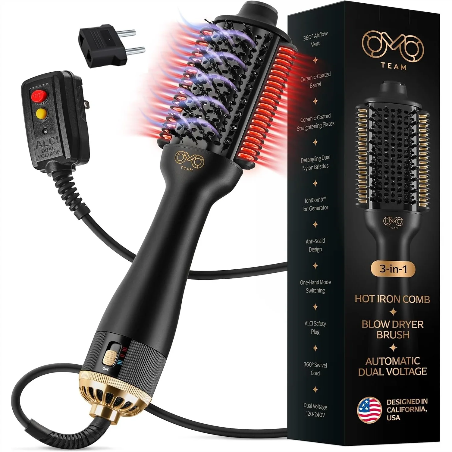 4-in-1 Automatic Dual Voltage Blowout Brush Hair Dryer, Ionic Hair Straightener with No Heat Damage, Light 1.3 lb Blow Dryer for