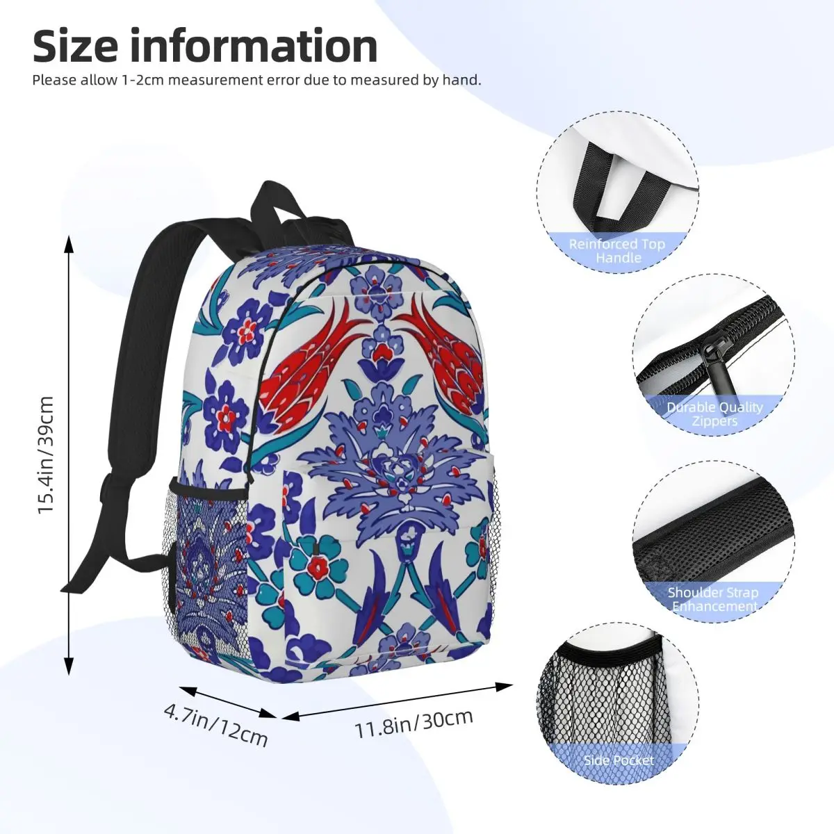 Oriental Tile Floral Pattern Backpack Student Boys Girls BookBag Men Women School Bag Laptop Shoulder Bags
